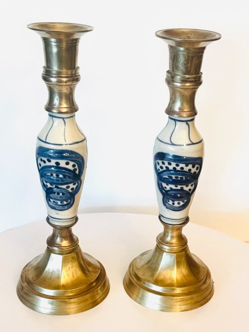 Pair Delft Vtg Blue White Ceramic Brass 9" Candlestick 1950